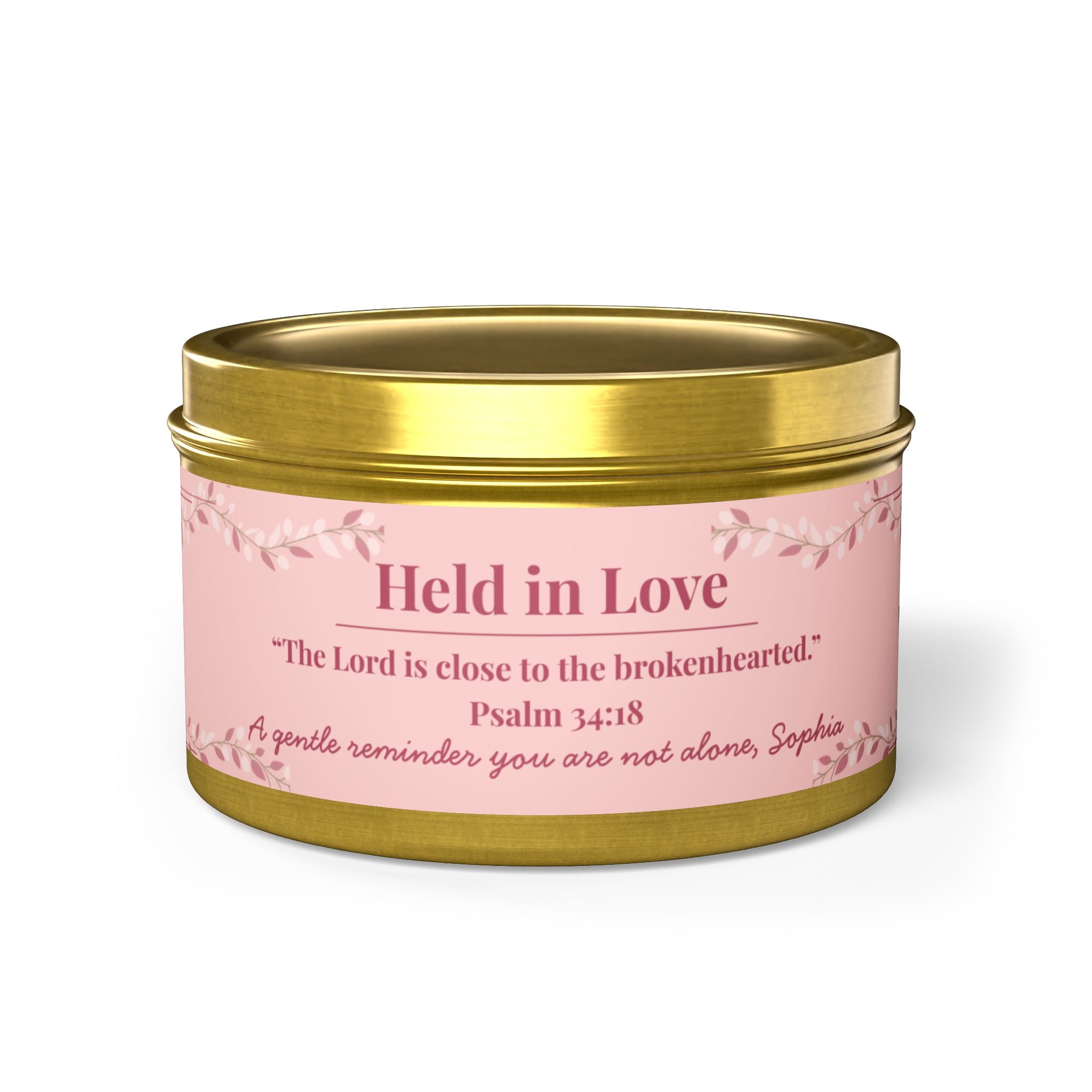 Held in Love Little Blessing personalized candle in 4oz tin, faith-based Christian candle gift