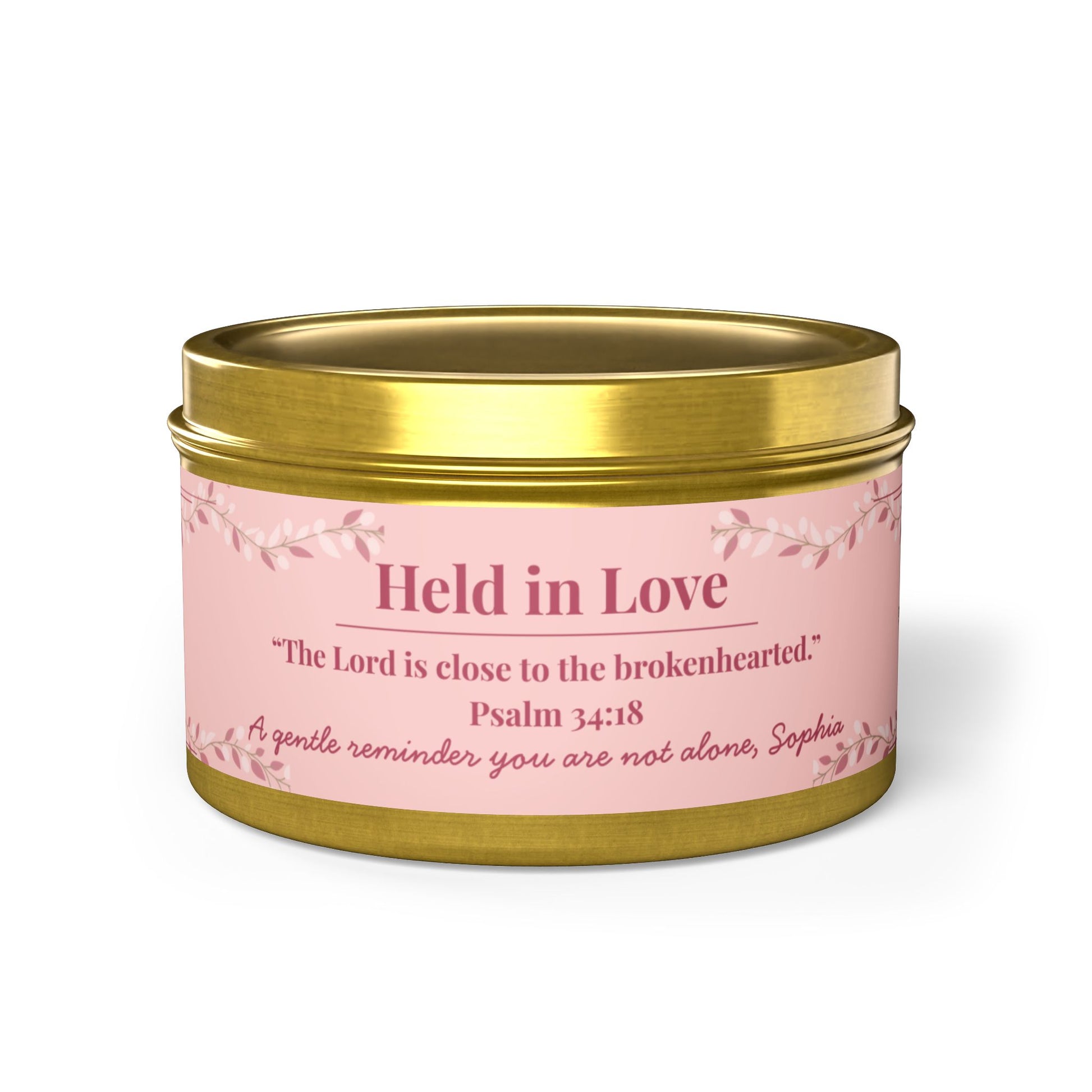 Held in Love Little Blessing personalized candle in 4oz tin, faith-based Christian candle gift