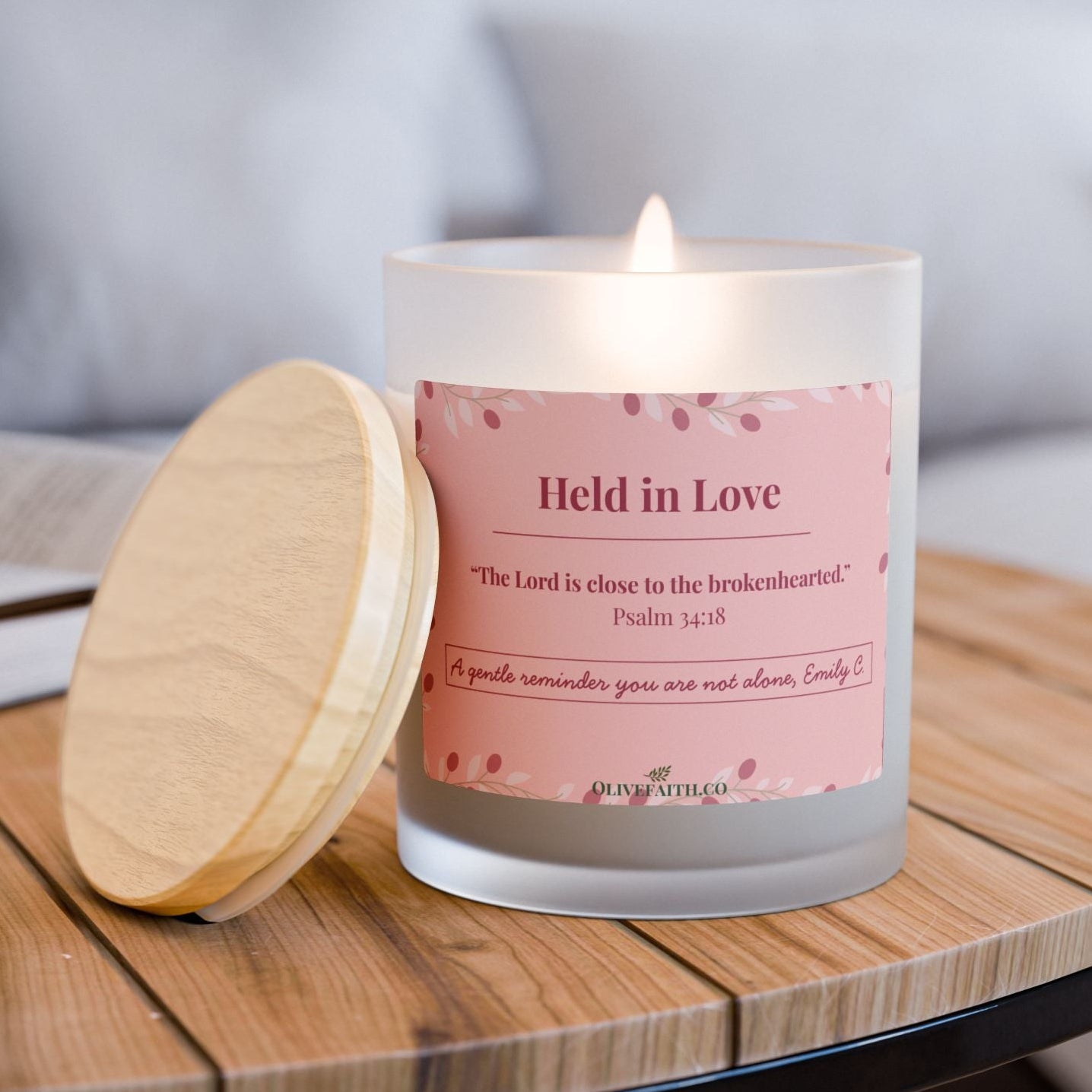 Held in Love signature personalized candle in 11oz frosted glass, gentle faith-based candle