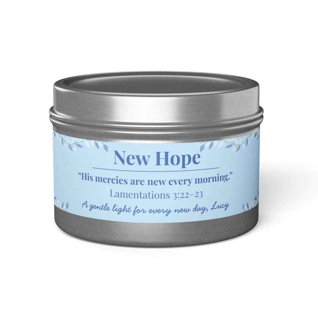 New Hope Little Blessing candle in 4oz silver tin, faith-inspired Christian gift