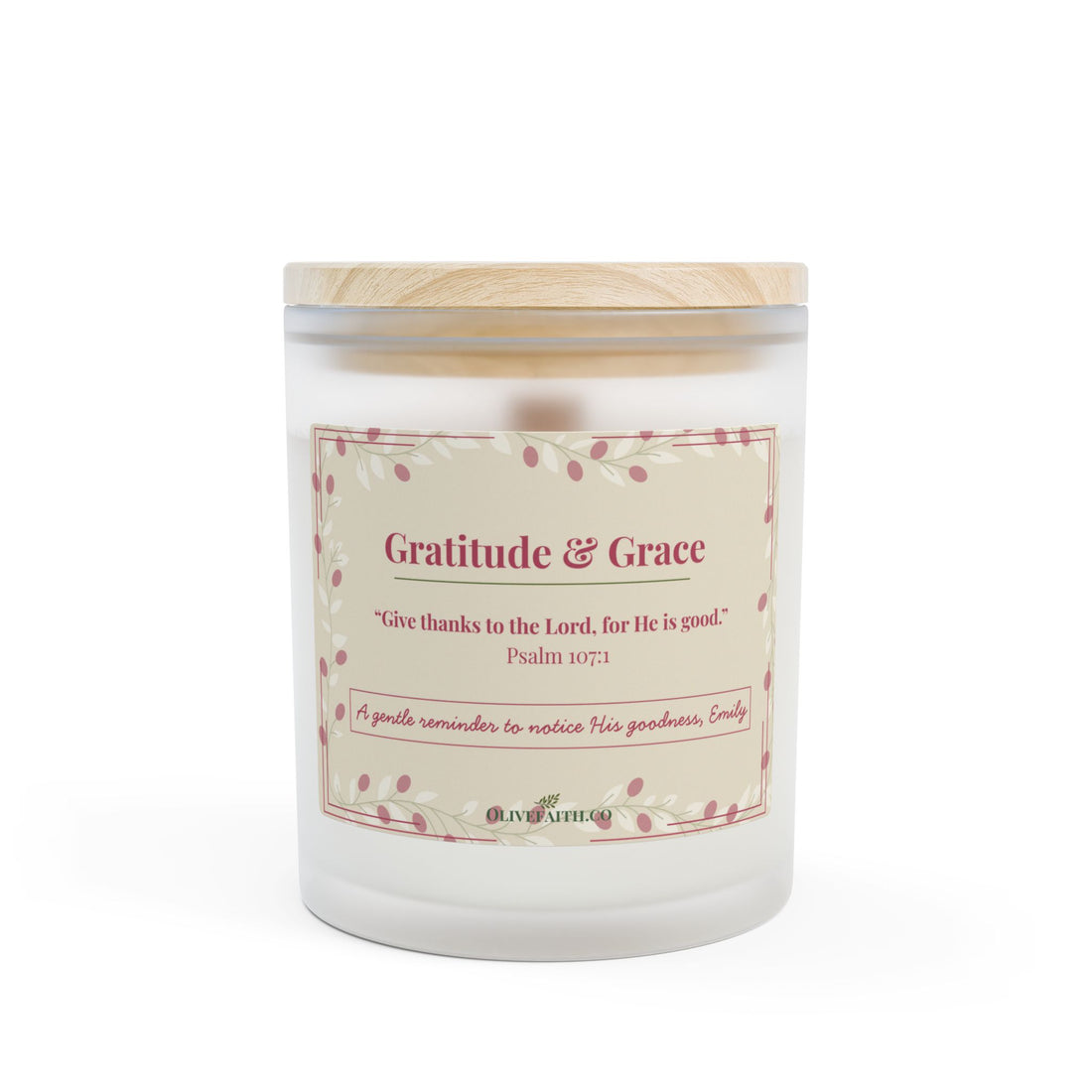 Gratitude & Grace signature personalized candle in 11oz frosted glass, minimalist Christian candle gift