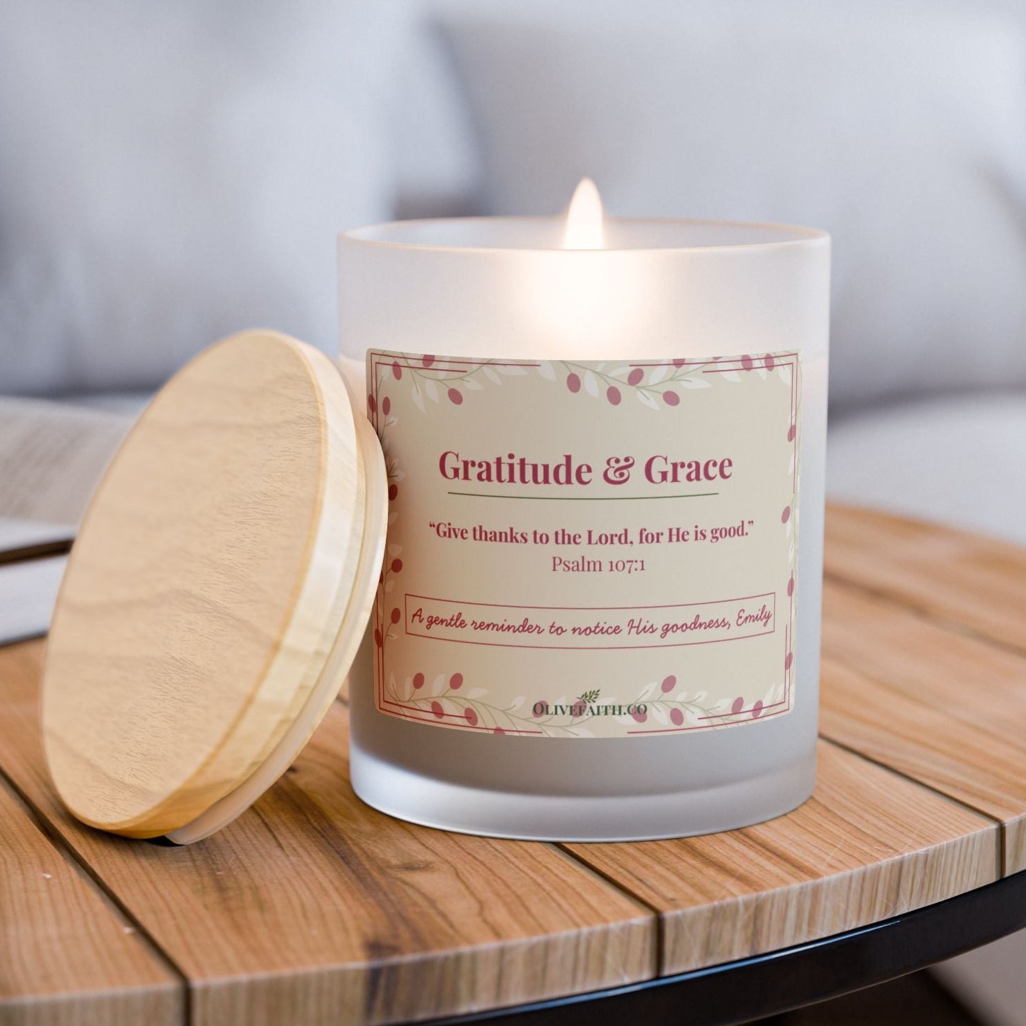Gratitude & Grace signature personalized candle in 11oz frosted glass, minimalist Christian candle gift