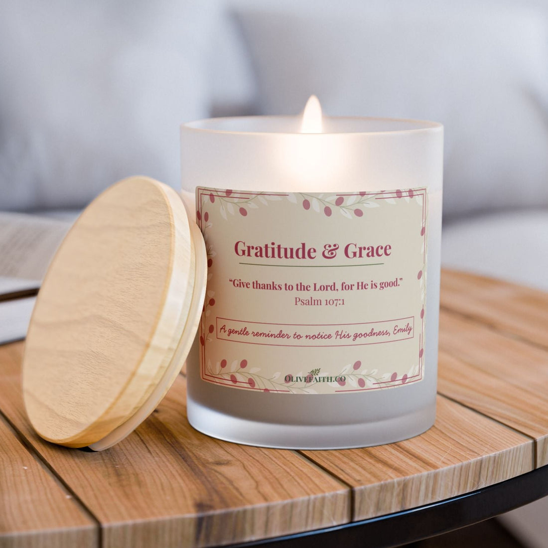 Gratitude & Grace signature personalized candle in 11oz frosted glass, minimalist Christian candle gift