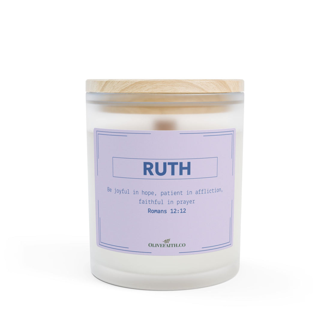 Personalized 11oz frosted glass candle with wooden lid, featuring the Bible verse “Be joyful in hope, patient in affliction, faithful in prayer” and a custom name in a muted lavender style – Olive Faith Christian gift.