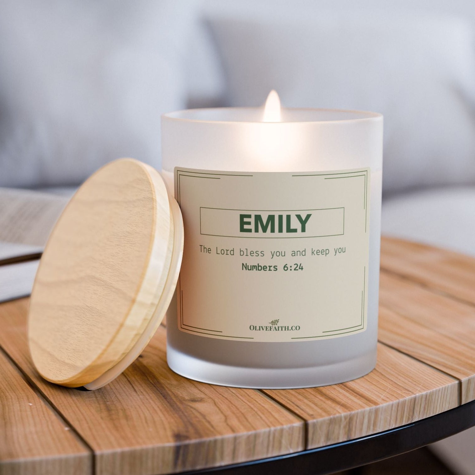 Personalized 11oz frosted glass candle with wooden lid, featuring the Bible verse “The Lord bless you and keep you” and a custom name in soft, minimal style – Olive Faith Christian gift.

