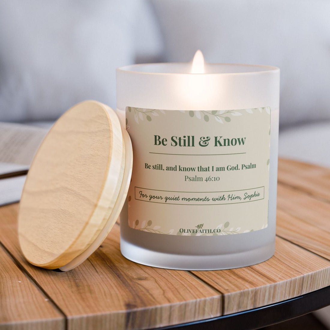 Be Still and Know signature personalized candle in 11oz frosted glass, Christian encouragement candle