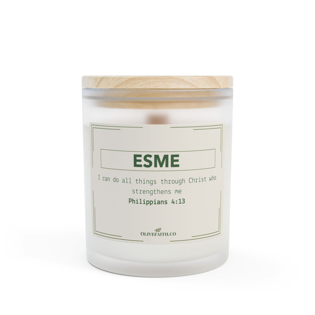  personalized 11oz frosted glass candle with a wooden lid, and the verse “I can do all things through Christ who strengthens me – Philippians 4:13”  Olive Faith Christian gift.