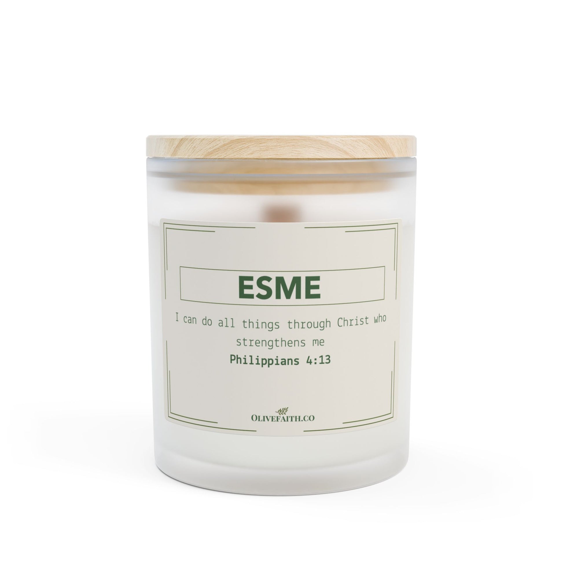 Personalized 11oz frosted glass candle with wooden lid, featuring the Bible verse “I can do all things through Christ who strengthens me” and a custom name in soft, neutral style – Olive Faith Christian gift.
