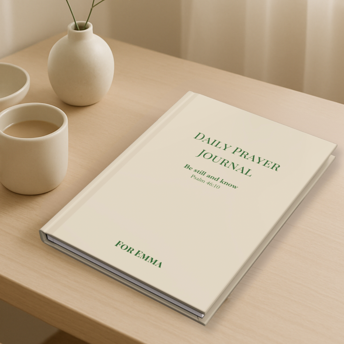 Daily Prayer Journal ‘Be Still and Know’, personalized, sage color, gentle faith-based journal