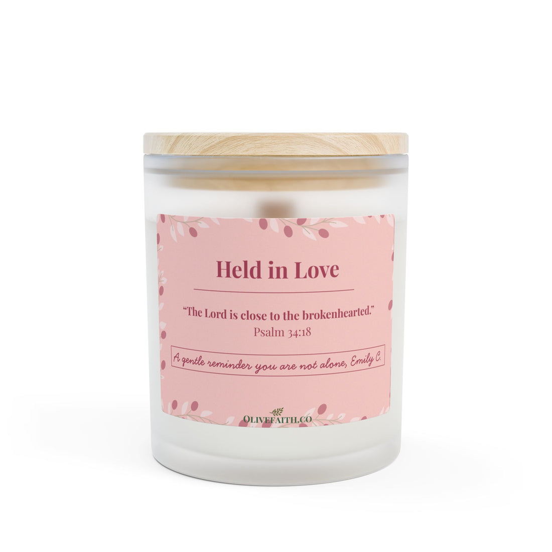Held in Love signature personalized candle in 11oz frosted glass, gentle faith-based candle