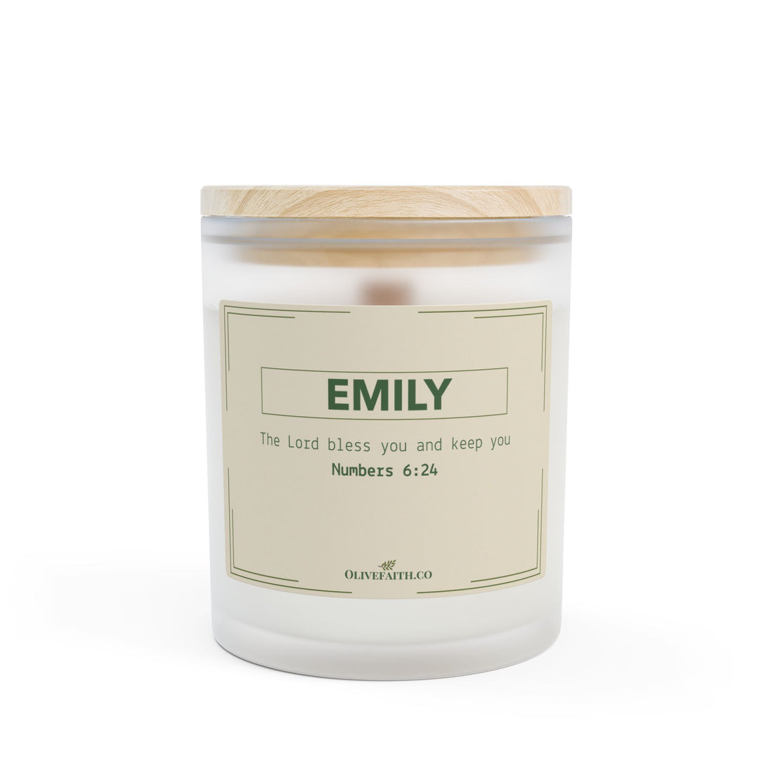 Personalized 11oz frosted glass candle with wooden lid, featuring the Bible verse “The Lord bless you and keep you” and a custom name in soft, minimal style – Olive Faith Christian gift.
