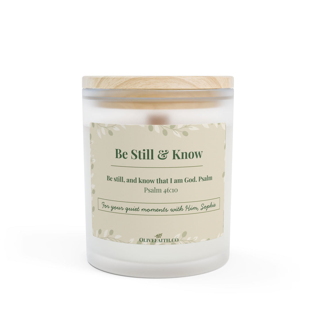 Be Still and Know signature personalized candle in 11oz frosted glass, Christian encouragement candle