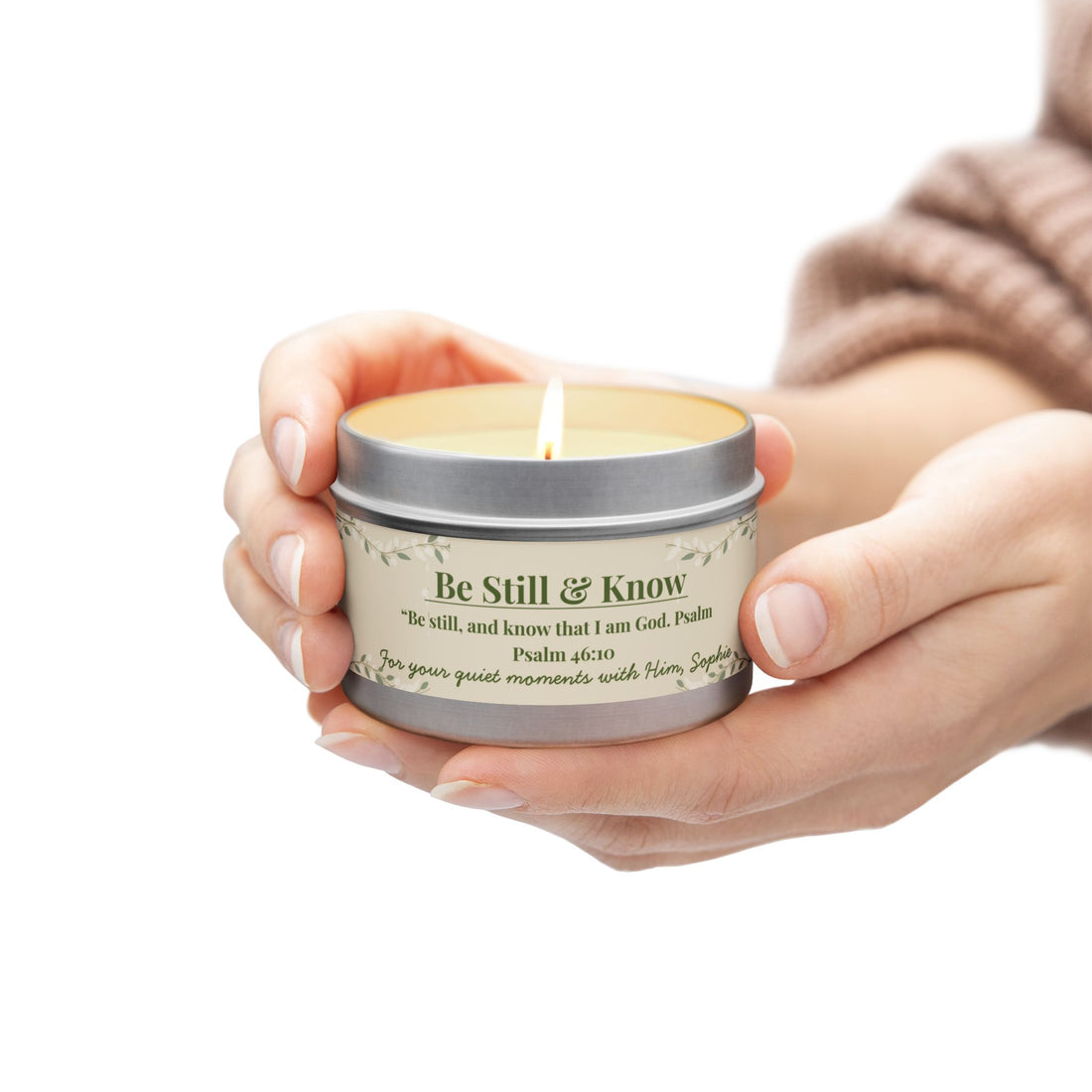 Be Still and Know Little Blessing personalized candle in 4oz tin, Christian encouragement candle