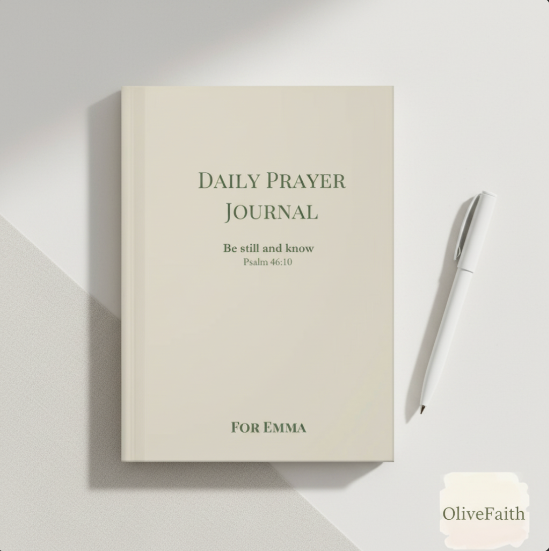 Daily Prayer Journal ‘Be Still and Know’, personalized, sage color, gentle faith-based journal