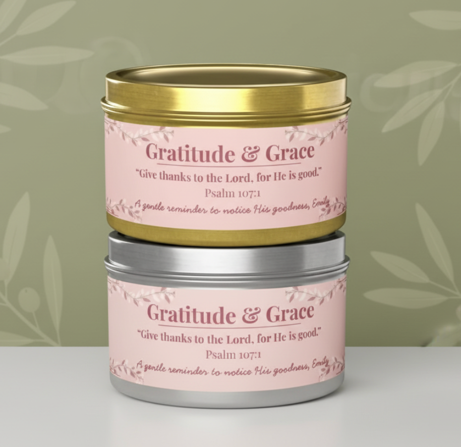 Gratitude & Grace Little Blessing personalized candle in 4oz tin, minimalist Christian candle