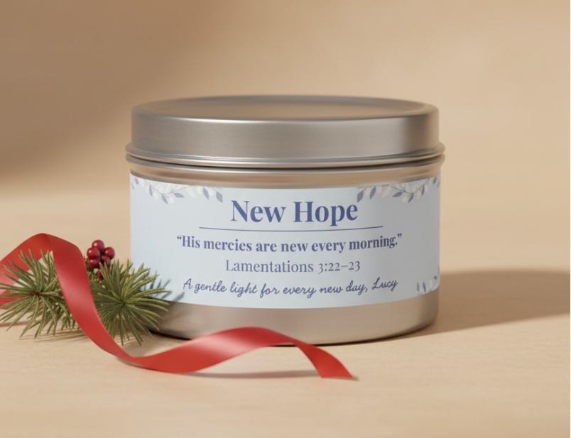 New Hope Little Blessing candle in 4oz silver tin, faith-inspired Christian gift