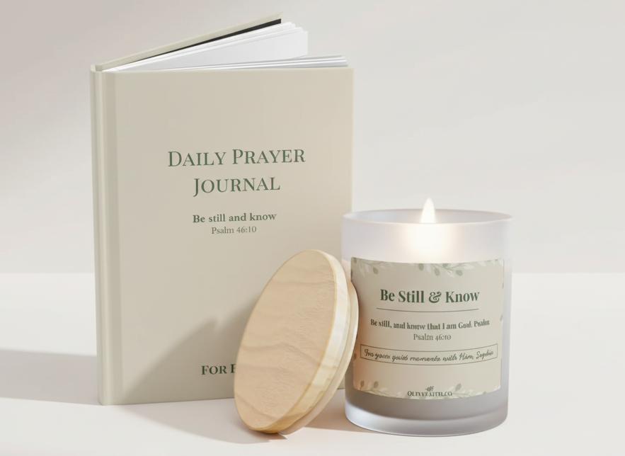 tillness & Light gift set with daily prayer journal and signature candle, minimalist Christian gift set