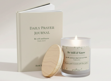 tillness & Light gift set with daily prayer journal and signature candle, minimalist Christian gift set
