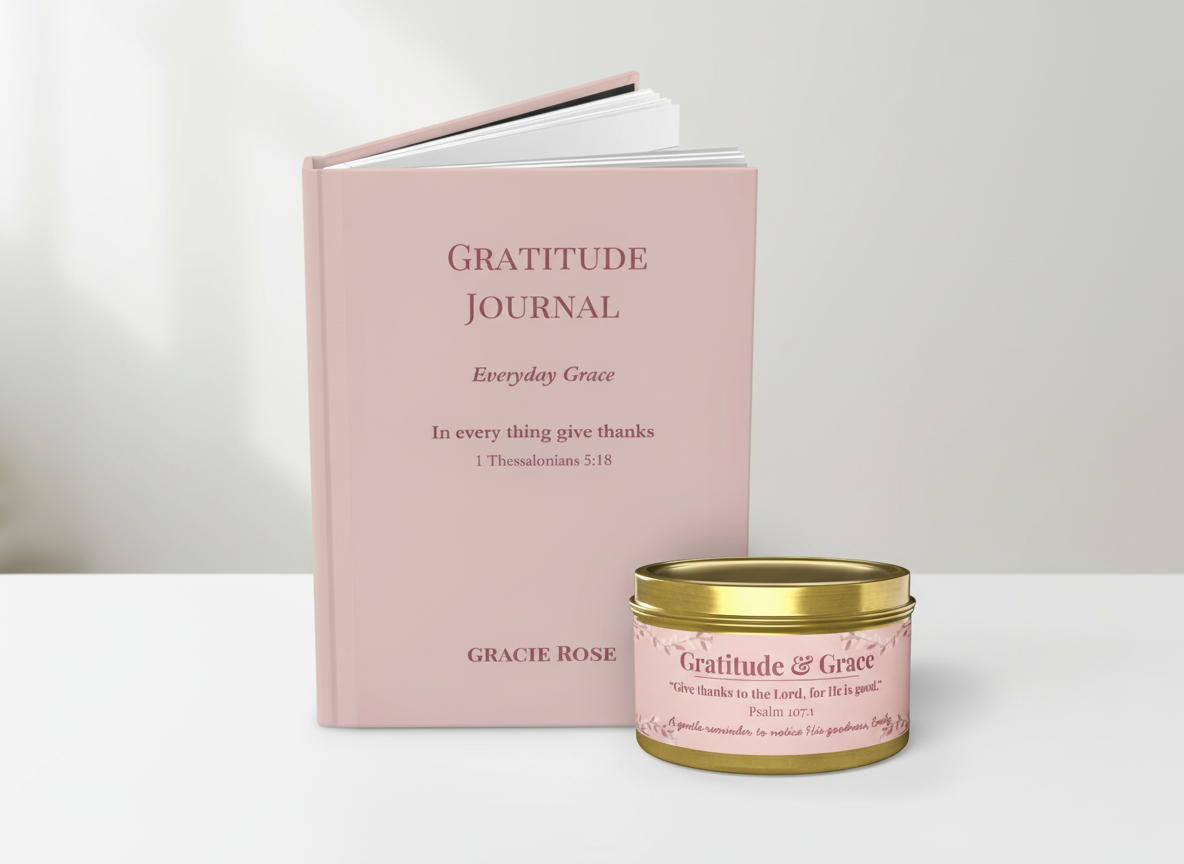 Gratitude & Grace Little Blessing gift set with gratitude journal and gold tin candle, personalized Christian present