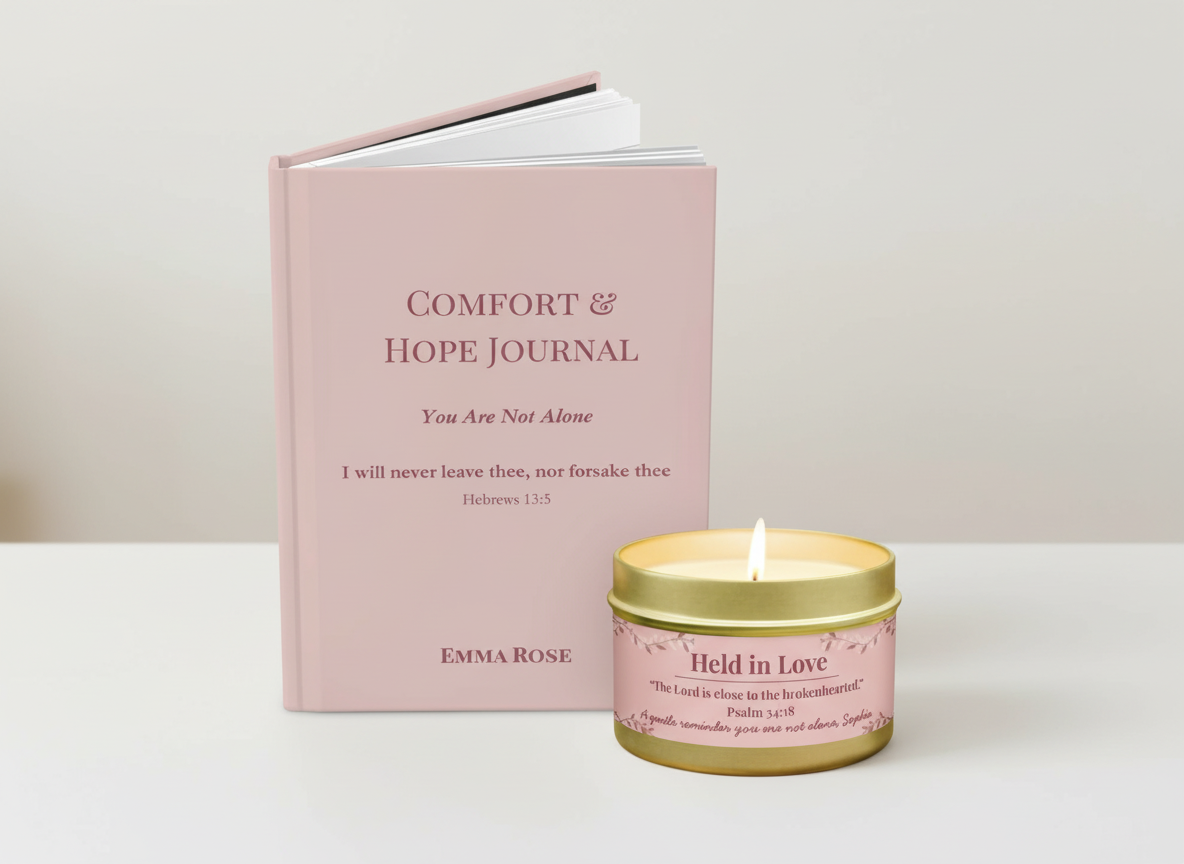 Comfort & Hope Little Blessing gift set with comfort journal and Held in Love gold tin candle, gentle faith-based gift”