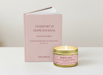 Comfort & Hope Little Blessing gift set with comfort journal and Held in Love gold tin candle, gentle faith-based gift”
