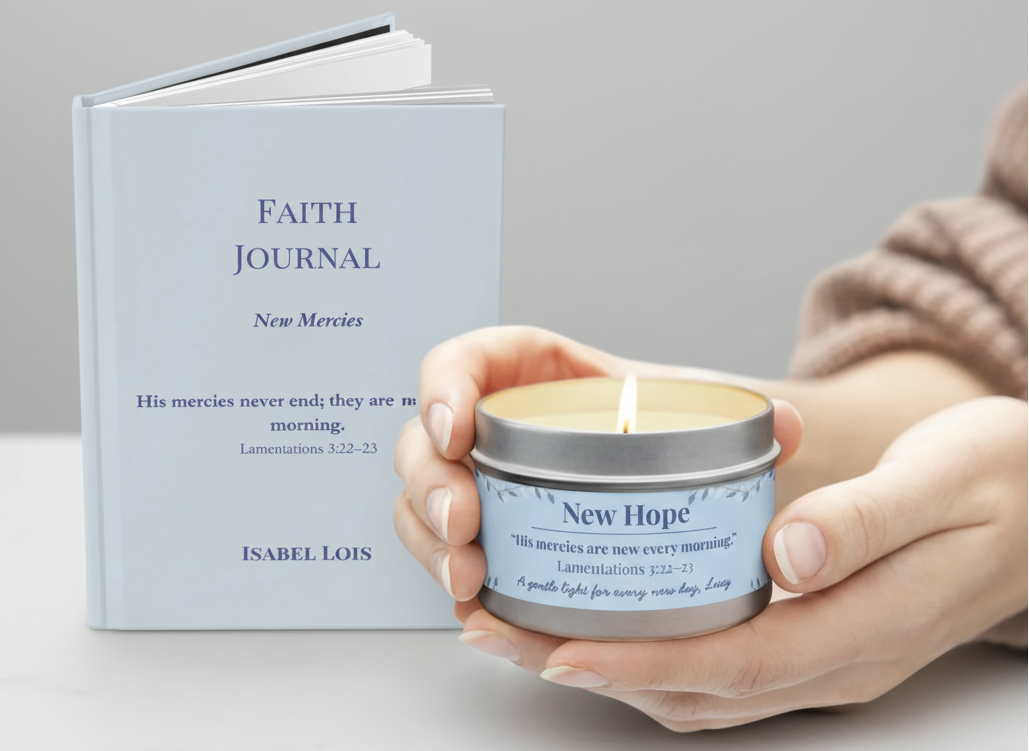New Hope Little Blessing gift set with faith journal and tin candle, minimalist Christian gift set