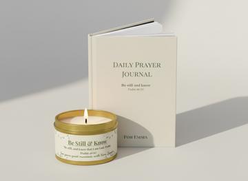 Be Still and Know Little Blessing gift set with daily prayer journal and tin candle, personalized Christian gift