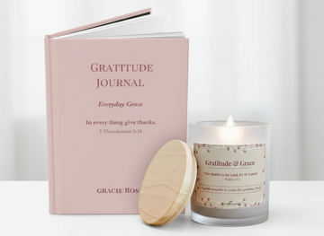 Gratitude & Grace gift set with gratitude journal and signature candle, faith-inspired Christian gift bundle