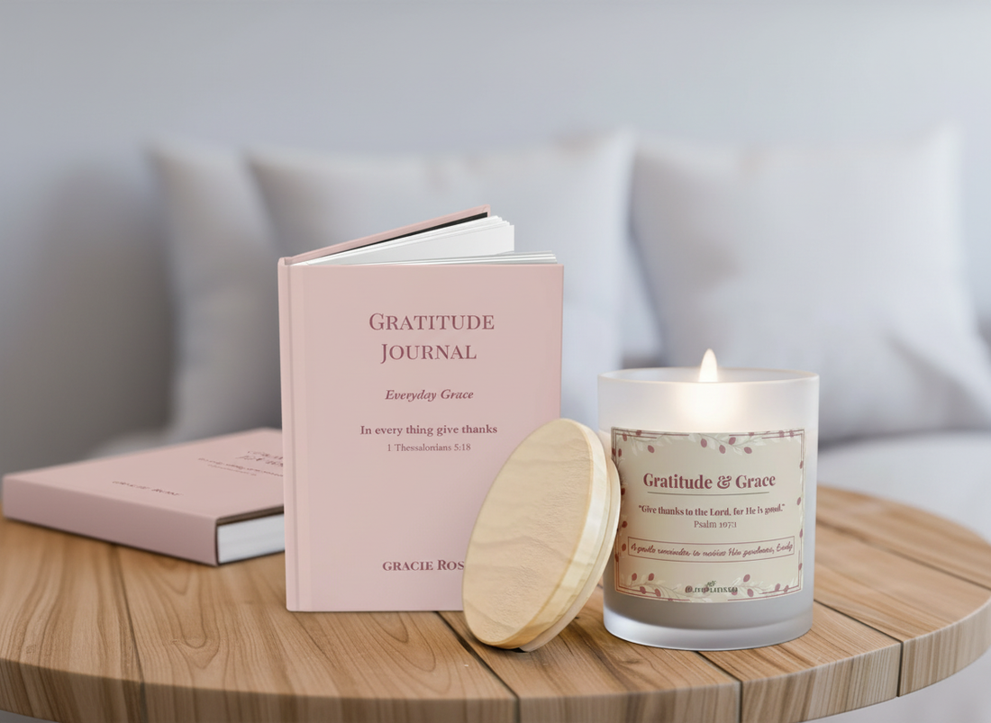 Gratitude & Grace gift set with gratitude journal and signature candle, faith-inspired Christian gift bundle