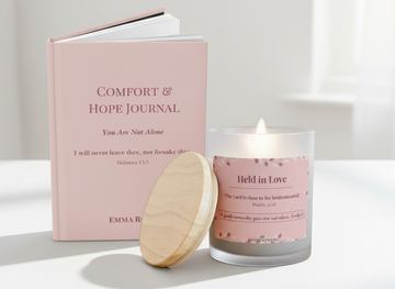 Held in Love gift set with hope and comfort journal and signature candle, soft Christian encouragement gift