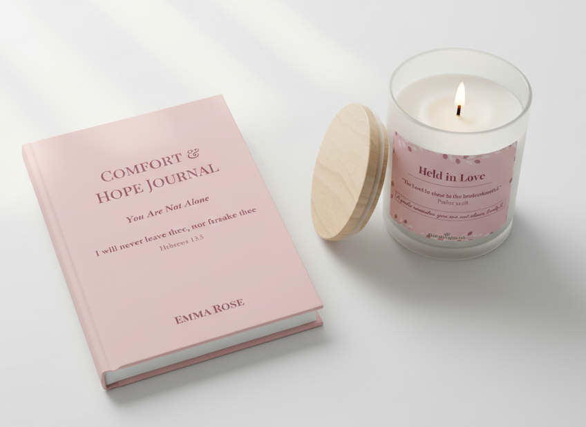 Held in Love gift set with hope and comfort journal and signature candle, soft Christian encouragement gift