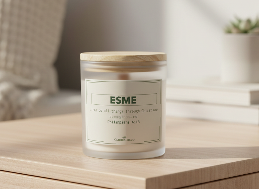  personalized 11oz frosted glass candle with a wooden lid, and the verse “I can do all things through Christ who strengthens me – Philippians 4:13”  Olive Faith Christian gift.
