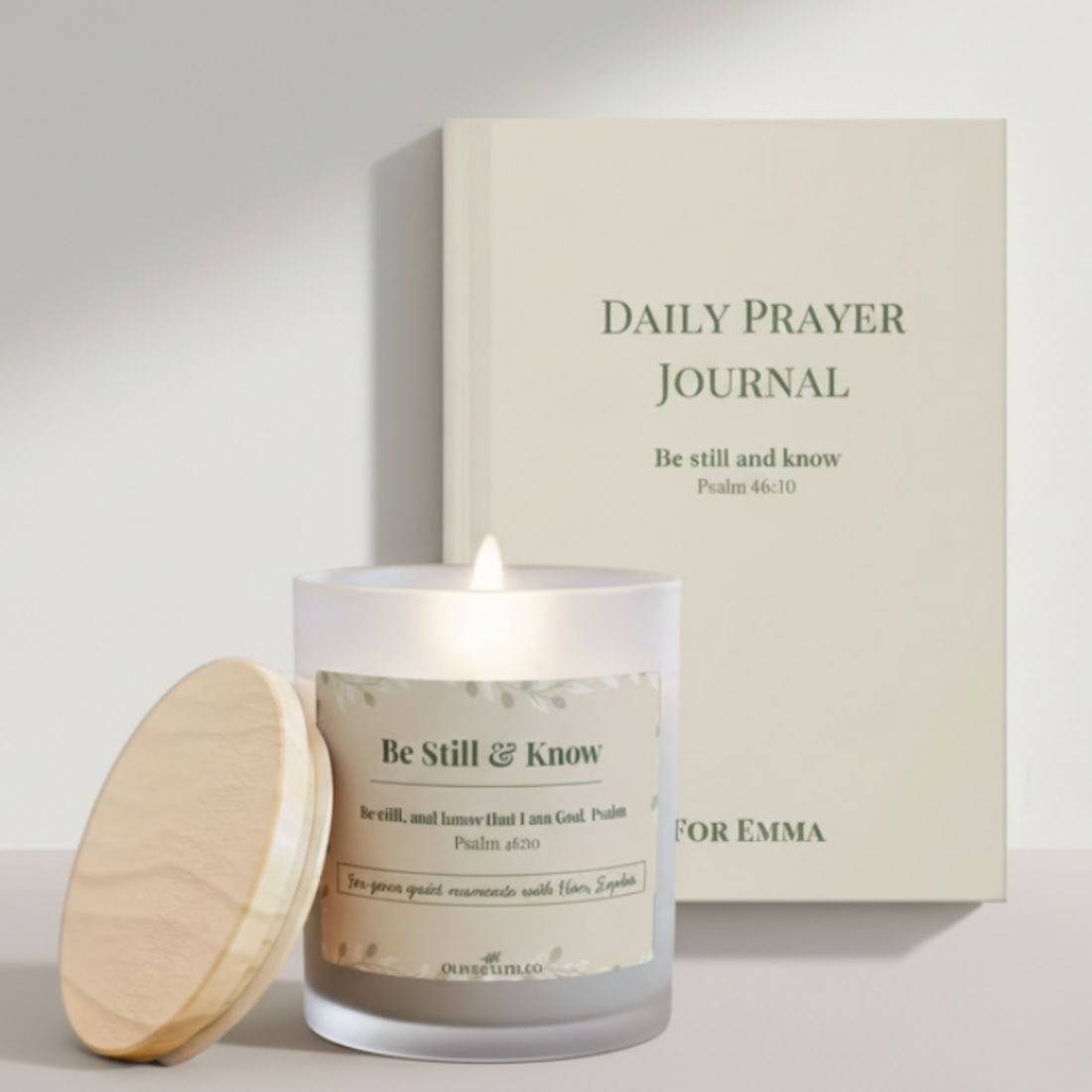 tillness & Light gift set with daily prayer journal and signature candle, minimalist Christian gift set