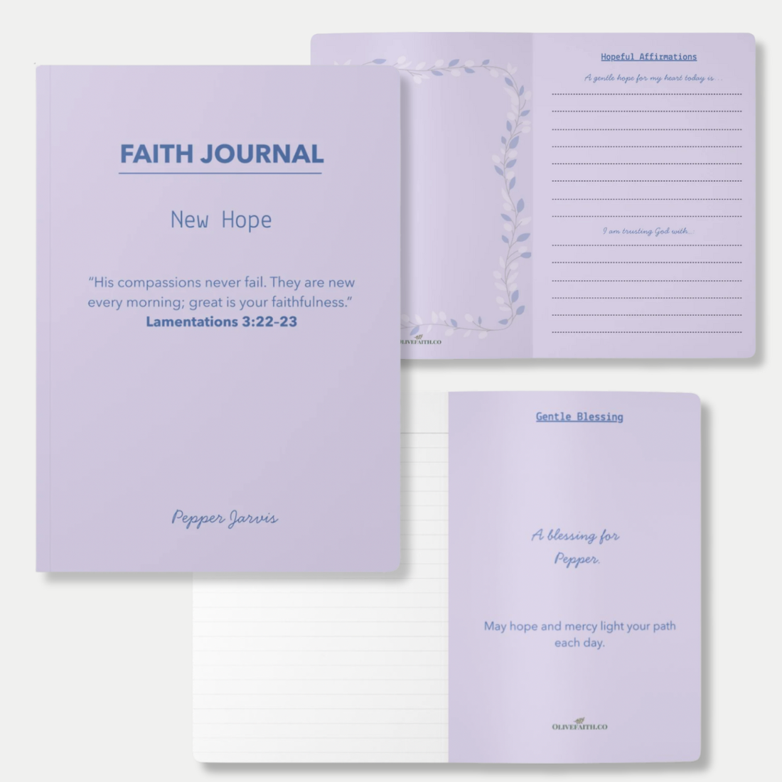 personalized Christian faith journal, “New Hope” cover with Bible verse and custom name, open to gratitude and reflection page , inspirational prayer and gratitude notebook for women.
