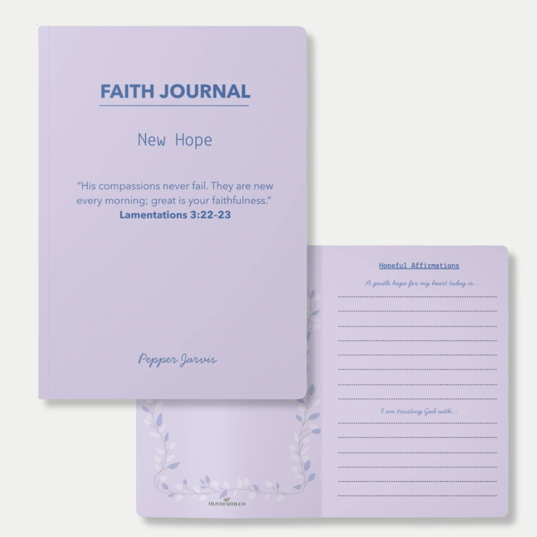 personalized Christian faith journal, “New Hope” cover with Bible verse and custom name, open to gratitude and reflection page , inspirational prayer and gratitude notebook for women.
