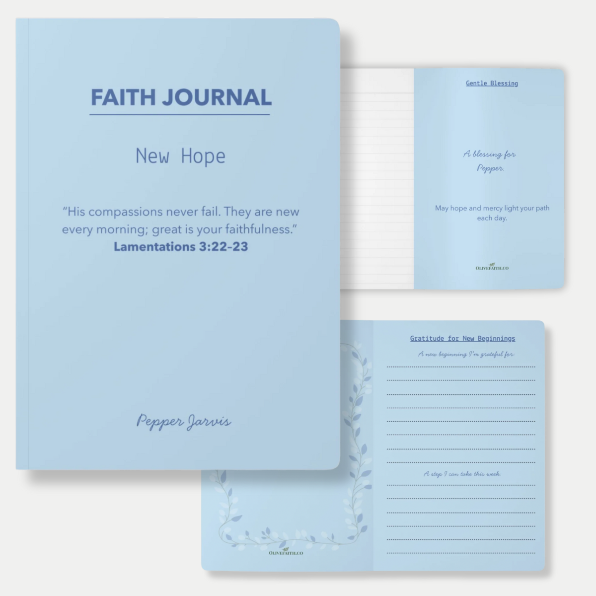 Personalized Christian faith journal front cover in soft dove color, titled “FAITH JOURNAL – New Hope,” featuring Lamentations 3:22-23 Bible verse and custom name, inspirational prayer notebook 