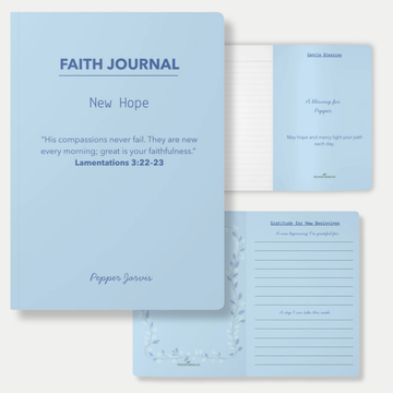 Personalized Christian faith journal front cover in soft dove color, titled “FAITH JOURNAL – New Hope,” featuring Lamentations 3:22-23 Bible verse and custom name, inspirational prayer notebook 