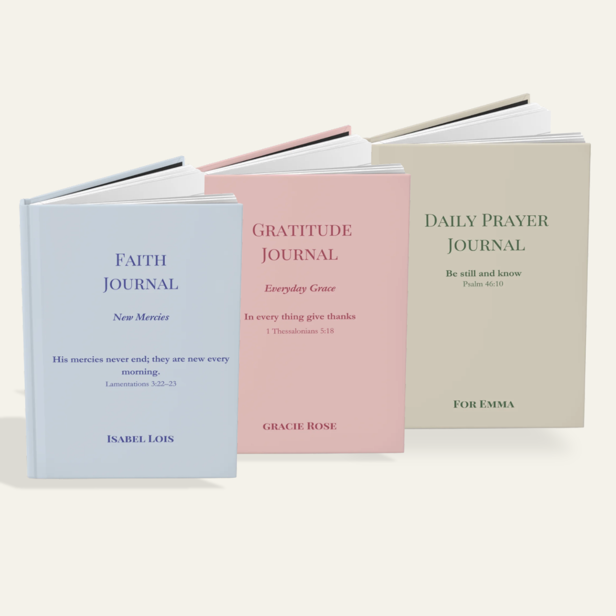 Complete faith journal set, three personalized Christian journals, gentle encouragement gift set